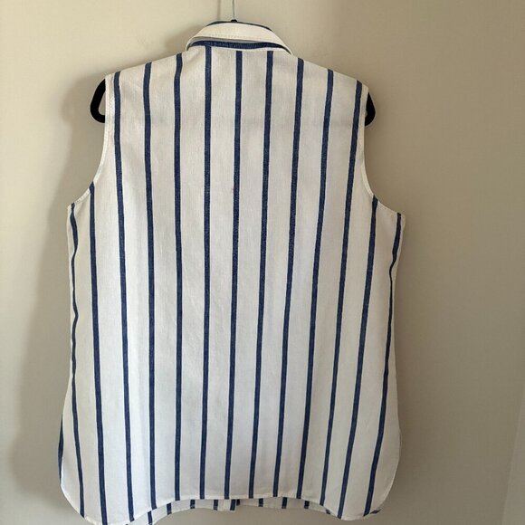 M&S Button Down Shirt Women Blue White Striped Sleeveless Casual Top - Picture 2 of 3